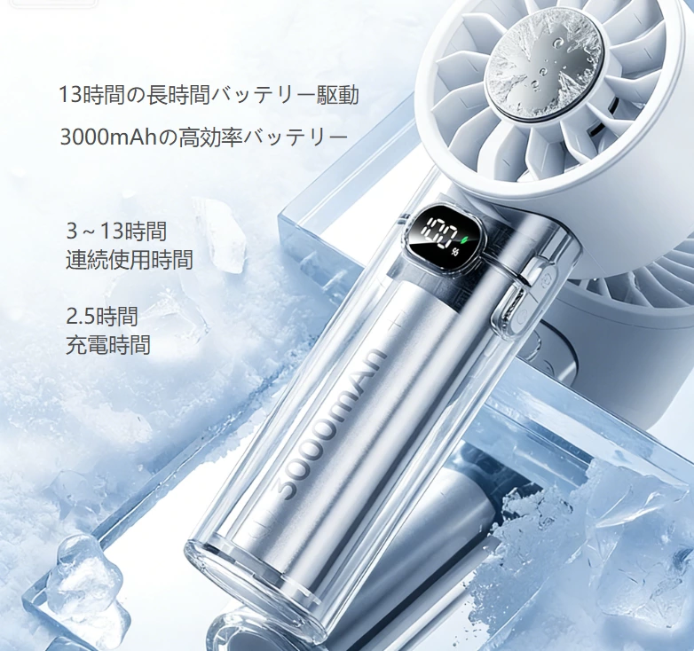高速アイスクールハンドヘルドファン|100 段階無段変速 + スマート表示、携帯用強力冷感新基準
